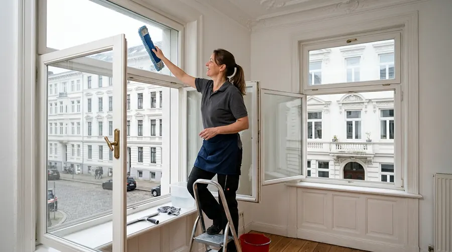 Reinigungskraft putzt ein Altbaufenster von der Leiter aus