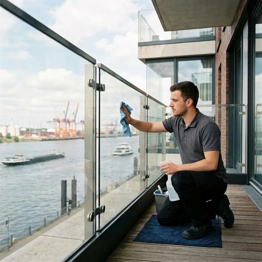 Glasgeländer auf einem Balkon an der Elbe
